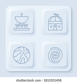 Set line Planet Saturn, Astronomical observatory, Falling stars and Black hole. White square button. Vector