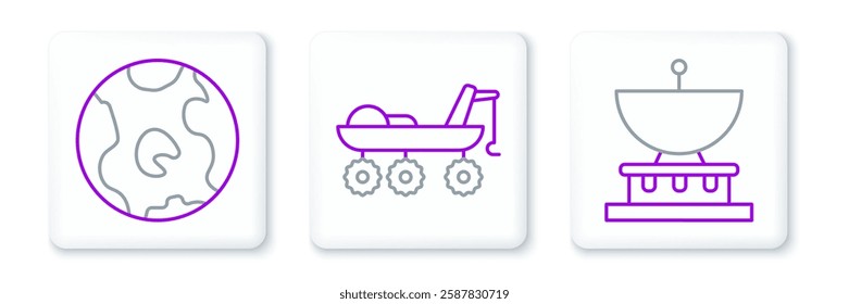 Set line Planet Saturn, Earth globe and Mars rover icon. Vector