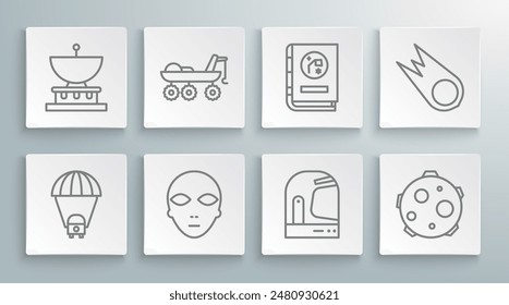 Set line Planet Saturn, Mars rover, Alien, Astronaut helmet, UFO abducts cow, Book by astronomy, Comet falling down fast and  icon. Vector