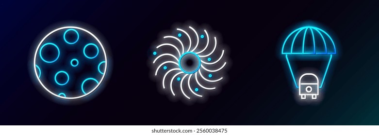 Set line Planet Saturn, Moon and Black hole icon. Glowing neon. Vector