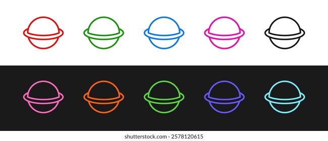 Set line Planet Saturn with planetary ring system icon isolated on black and white background.  Vector