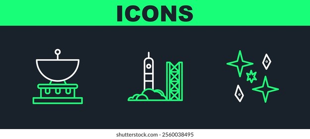 Set line Planet, Saturn and Rocket launch from the spaceport icon. Vector