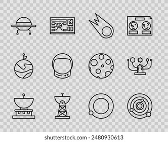 Set line Planet Saturn, Solar system, Comet falling down fast, Satellite dish, UFO flying spaceship, Astronaut helmet, Satellites orbiting the planet Earth and  icon. Vector