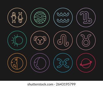 Set line Planet Saturn, Taurus zodiac, Aquarius, Dog, Eclipse of the sun, Pisces, Leo and Venus icon. Vector