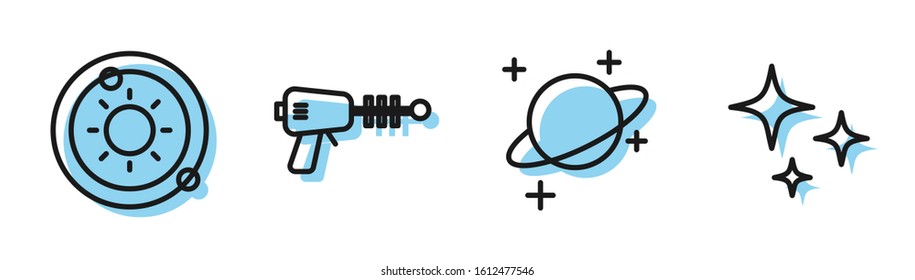 Set line Planet, Solar system, Ray gun and Falling star icon. Vector