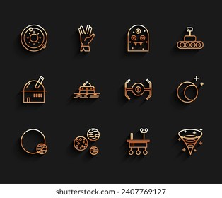 Set line Planet, Solar system, Mars rover, Black hole, Moon and stars and Cosmic ship icon. Vector