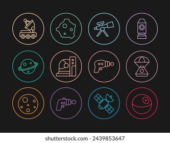 Set line Planet, Space capsule, Telescope, Astronaut helmet, Saturn, Mars rover, Ray gun and Asteroid icon. Vector