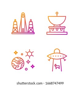 Set line Planet, Space and planet, Rocket launch from the spaceport and Planet Saturn. Gradient color icons. Vector