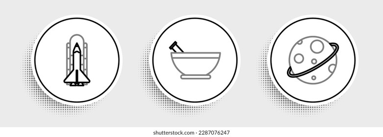 Set line Planet, Space shuttle and rockets and Mortar pestle icon. Vector