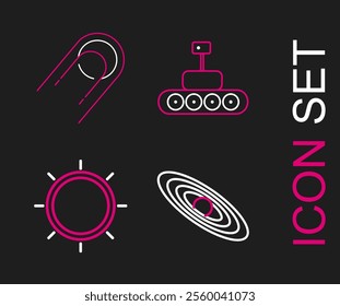 Set line Planet, Sun, Mars rover and Satellite icon. Vector