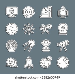 Set line Planet, Telescope, Astronaut helmet, Black hole, Alien and  icon. Vector