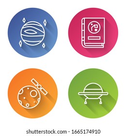 Set line Planet Venus, Book by astronomy, Satellites orbiting the planet Earth and UFO flying spaceship. Color circle button. Vector