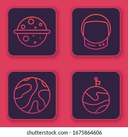 Set line Planet Venus, Falling stars, Astronaut helmet and Moon with flag. Blue square button. Vector