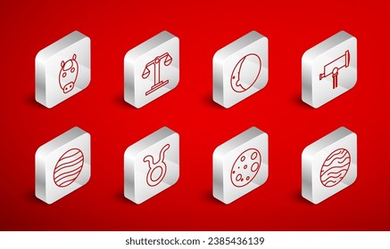 Set line Planet Venus, Libra zodiac, Eclipse of the sun, Telescope, Moon, Horse, Taurus and Jupiter icon. Vector