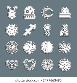 Set line Planet Venus, Milky way spiral galaxy, Astrology woman, Eclipse of the sun, Sagittarius zodiac, Moon, Taurus and Solstice icon. Vector