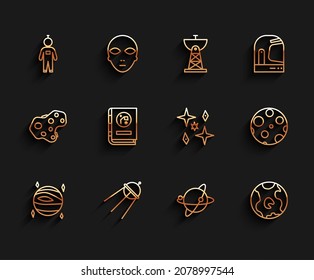 Set line Planet Venus, Satellite, Astronaut, Satellites orbiting the planet Earth, globe, Book by astronomy, Moon and  icon. Vector