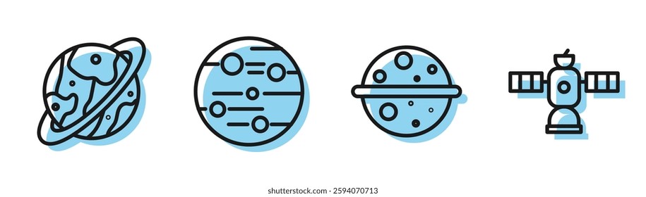 Set line Planet Venus, Space capsule and parachute, Planet Mars and Satellite icon. Vector