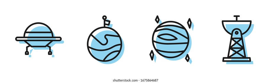 Set line Planet Venus, UFO flying spaceship, Moon with flag and Satellite dish icon. Vector