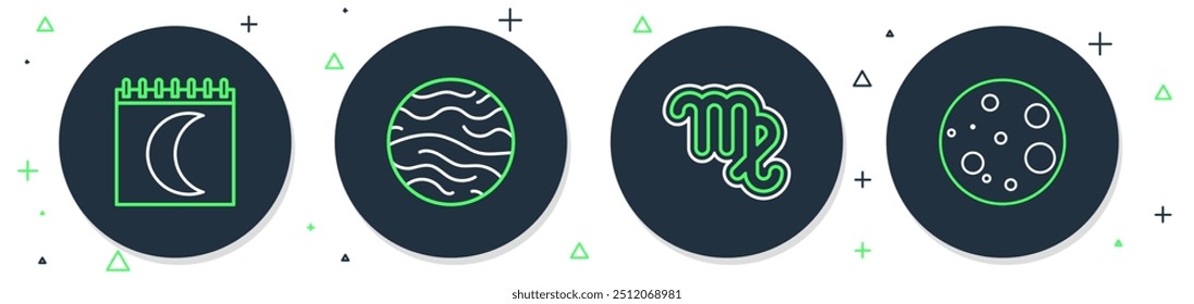 Set line Planet Venus, Virgo zodiac, Moon phases calendar and  icon. Vector