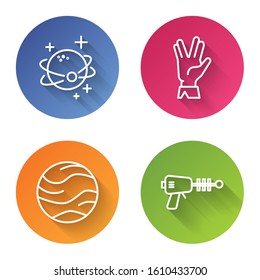 Set line Planet, Vulcan salute, Planet and Ray gun. Color circle button. Vector