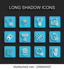 Set line Planning strategy, Basketball award, Award cup with basketball, on sport calendar, and, Stopwatch and  icon. Vector