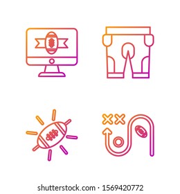 Set line Planning strategy concept, American Football ball, American football on tv program and American football shorts. Gradient color icons. Vector