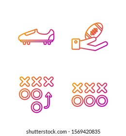 Set line Planning strategy concept, Planning strategy concept, Soccer or football shoes with spikes and American Football ball on hand. Gradient color icons. Vector