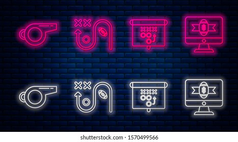 Set line Planning strategy concept, Planning strategy concept, Whistle and American football on tv program. Glowing neon icon on brick wall. Vector