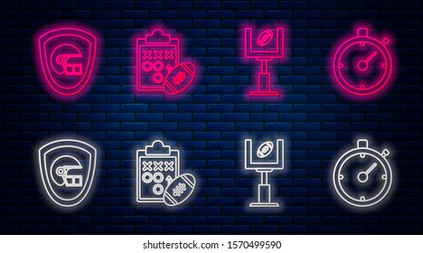 Set line Planning strategy concept, American football goal post and football ball, American football helmet and shield and Stopwatch. Glowing neon icon on brick wall. Vector