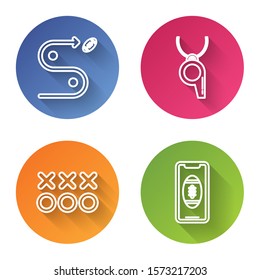 Set line Planning strategy concept, Whistle, Planning strategy concept and Smartphone with american football ball on the screen. Color circle button. Vector