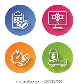 Set line Planning strategy concept, American football on tv program, American Football ball and stopwatch and Soccer or football shoes with spikes. Color circle button. Vector