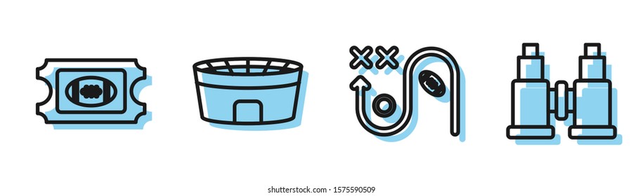 Set line Planning strategy concept, American Football ticket, Football stadium and Binoculars icon. Vector