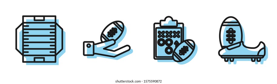 Set line Planning strategy concept, American football field, American Football ball on hand and Soccer or football shoes with spikes icon. Vector