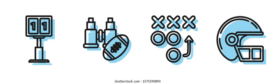 Set line Planning strategy concept, Sport football mechanical scoreboard and result display, Binoculars and american football ball and American football helmet icon. Vector