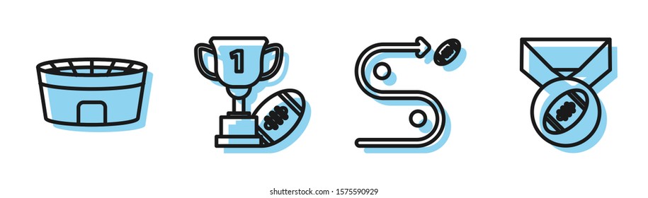 Set line Planning strategy concept, Football stadium, Award cup and American football ball and American Football ball with medal icon. Vector