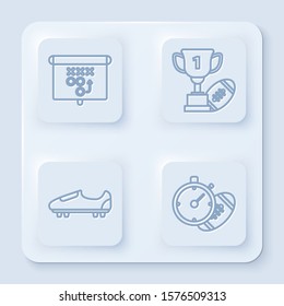 Set line Planning strategy concept, Award cup and American football ball, Soccer or football shoes with spikes and American Football ball and stopwatch. White square button. Vector