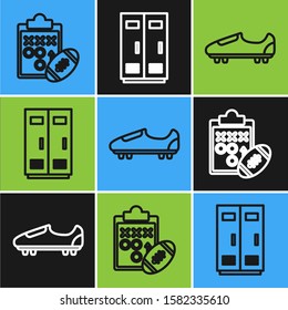Set line Planning strategy concept, Soccer or football shoes with spikes and Locker or changing room for football, basketball team or workers icon. Vector