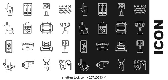 Set line Planning strategy concept, Award cup, Bright stadium lights, American Football ticket paper glass soda with drinking straw, Number 1 one fan hand glove finger raised and field icon. Vector