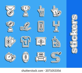 Set line Planning strategy concept, football goal post, Number 1 one fan hand glove finger raised, Award cup, medal and Smartphone american the screen icon. Vector