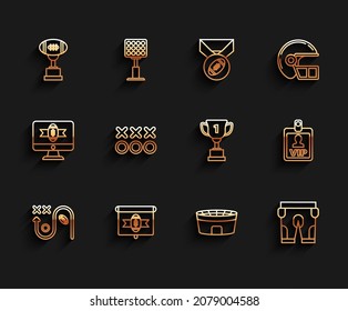 Set line Planning strategy concept, American football tv program, Award cup and, Football stadium, shorts, VIP badge and  icon. Vector