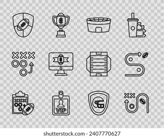 Set line Planning strategy concept, Football stadium, VIP badge, American and shield, football tv program, helmet and  icon. Vector