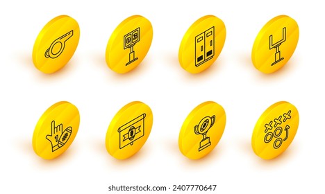 Set line Planning strategy concept, goal post, Locker or changing room for football, basketball team or workers, Sport mechanical scoreboard result display and Whistle icon. Vector