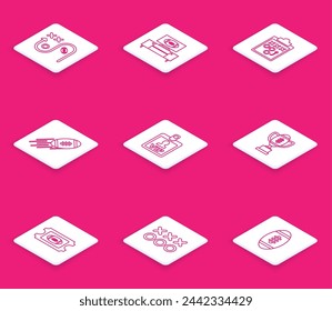 Set line Planning strategy concept, American football tv program and stand, Football, VIP badge, Award cup, ticket and  icon. Vector