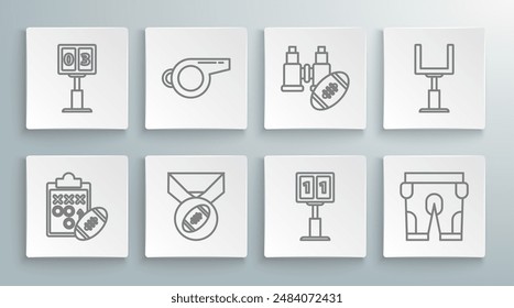 Set line Planning strategy concept, Whistle, American Football ball with medal, Sport football mechanical scoreboard and result display, shorts, Binoculars american, goal post and  icon. Vector