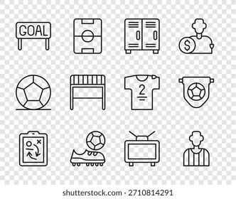 Set line Planning strategy concept, Football or soccer referee, Locker changing room, shoes, Goal football, goal, match TV and flag pennant icon. Vector