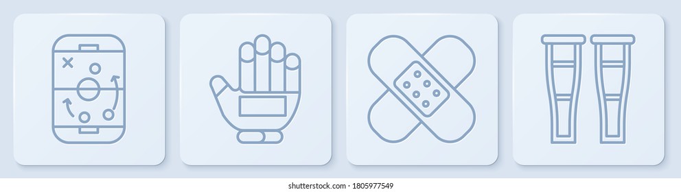 Set line Planning strategy, Crossed bandage plaster, Hockey glove and Crutch or crutches. White square button. Vector