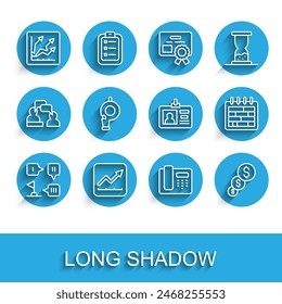 Set line Planning strategy, Financial growth increase, Telephone 24 hours support, and dollar, Whistle, Calendar and Identification badge icon. Vector