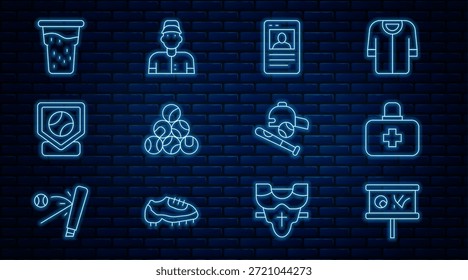Set line Planning strategy, First aid kit, Baseball card, base, Glass of beer, bat with ball, hat and player icon. Vector