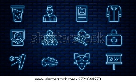 Set line Planning strategy, First aid kit, Baseball card, base, Glass of beer, bat with ball, hat and player icon. Vector