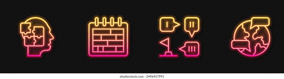 Set line Planning strategy, Head puzzles, Calendar and Worldwide. Glowing neon icon. Vector